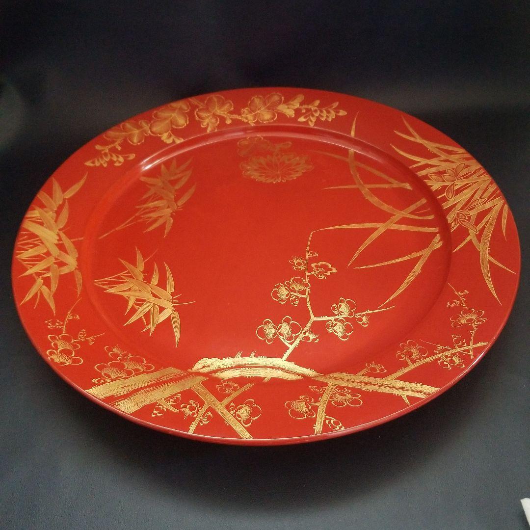 輪島塗 沈金 朱塗り 松竹梅 四季花 大皿 美術品 飾皿 約48cm1尺6寸