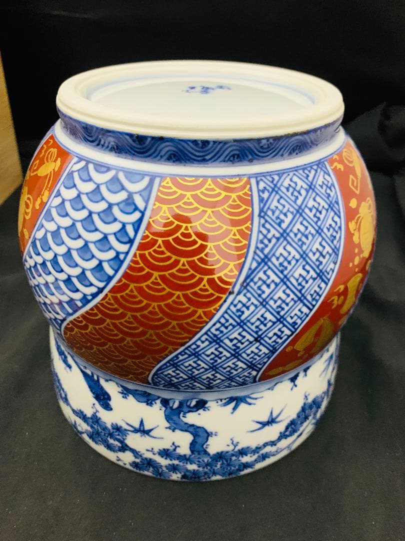 曽根幸風造　染付祥瑞金襴手水指　平安　京焼　栞黄布共箱付き