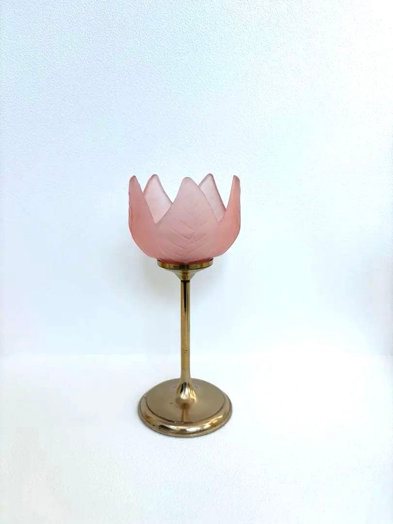ピンクガラスキャンドルホルダー　チューリップ　ヴィンテージ　フラワーベース