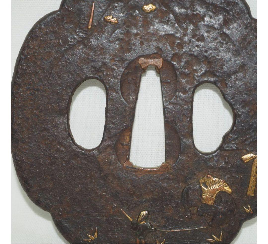 送料無料　江戸時代　無銘鐔/鍔　牛飼いの牧童図象嵌