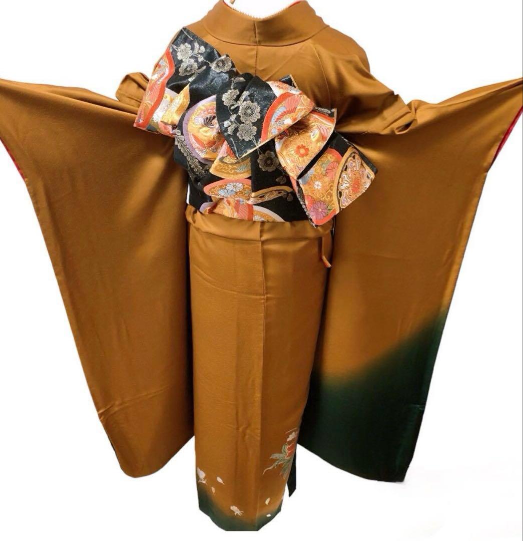 ☆極美品☆振袖フルセット 正絹　シンプル　レトロ　袋帯　黒　からし色