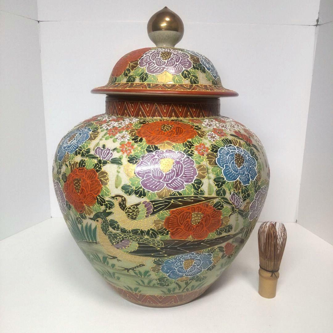 骨董 大型 薩摩焼 白薩摩 丸十字家紋 色絵金彩花 沈香壺 花瓶 年代物