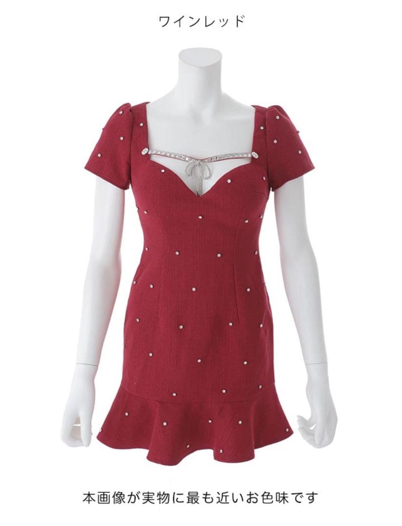 ワインレッド パール装飾 フレアドレス