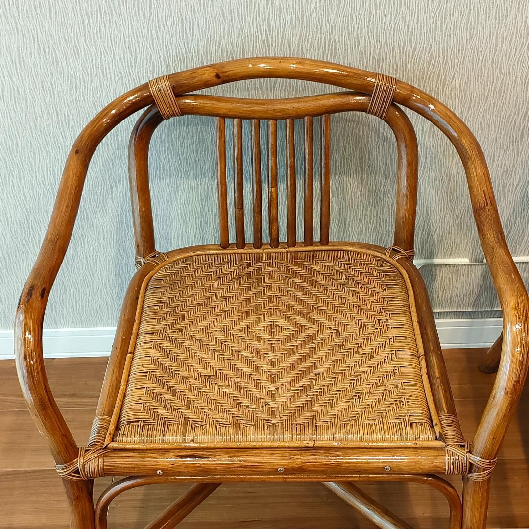 ビンテージラタン　ダイニングテーブルセット　ガラステーブル　椅子2脚付き