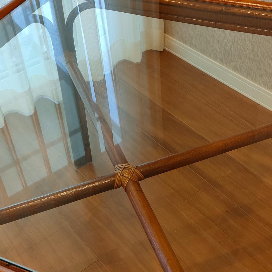 ビンテージラタン　ダイニングテーブルセット　ガラステーブル　椅子2脚付き