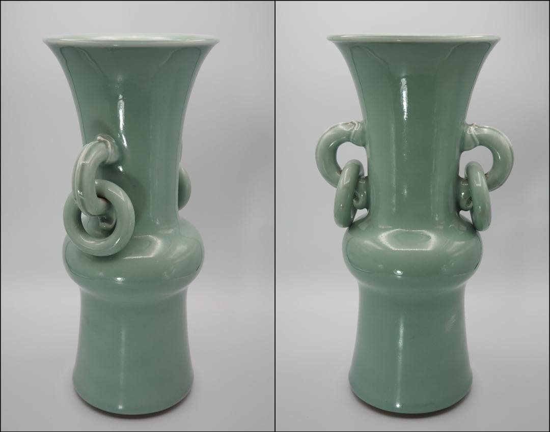 二代  宮川香山 真葛香山作 青磁釉 遊環耳付 花瓶 真葛香斎識箱付