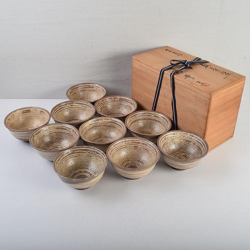 茶道具　河合瑞豊作　刷毛目　三島　数茶碗　十客　共箱　M　R9383H