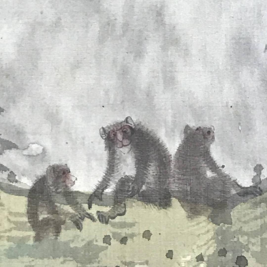 【真作】福井江亭/雲嶺飛泉/滝山水猿図/山水図/猿図/掛軸☆宝船☆AD-501