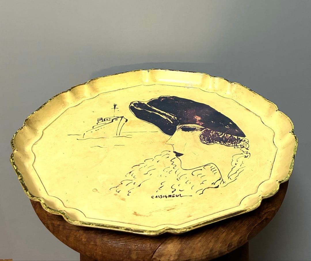 【shinobu】アンティークトレイ50年代　船と女性　金属製　横浜