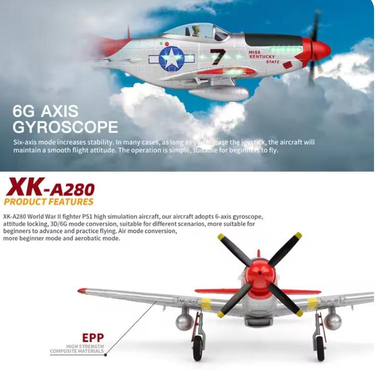 WLtoys XK A280 RC 飛行機 2.4 グラム 4CH P51