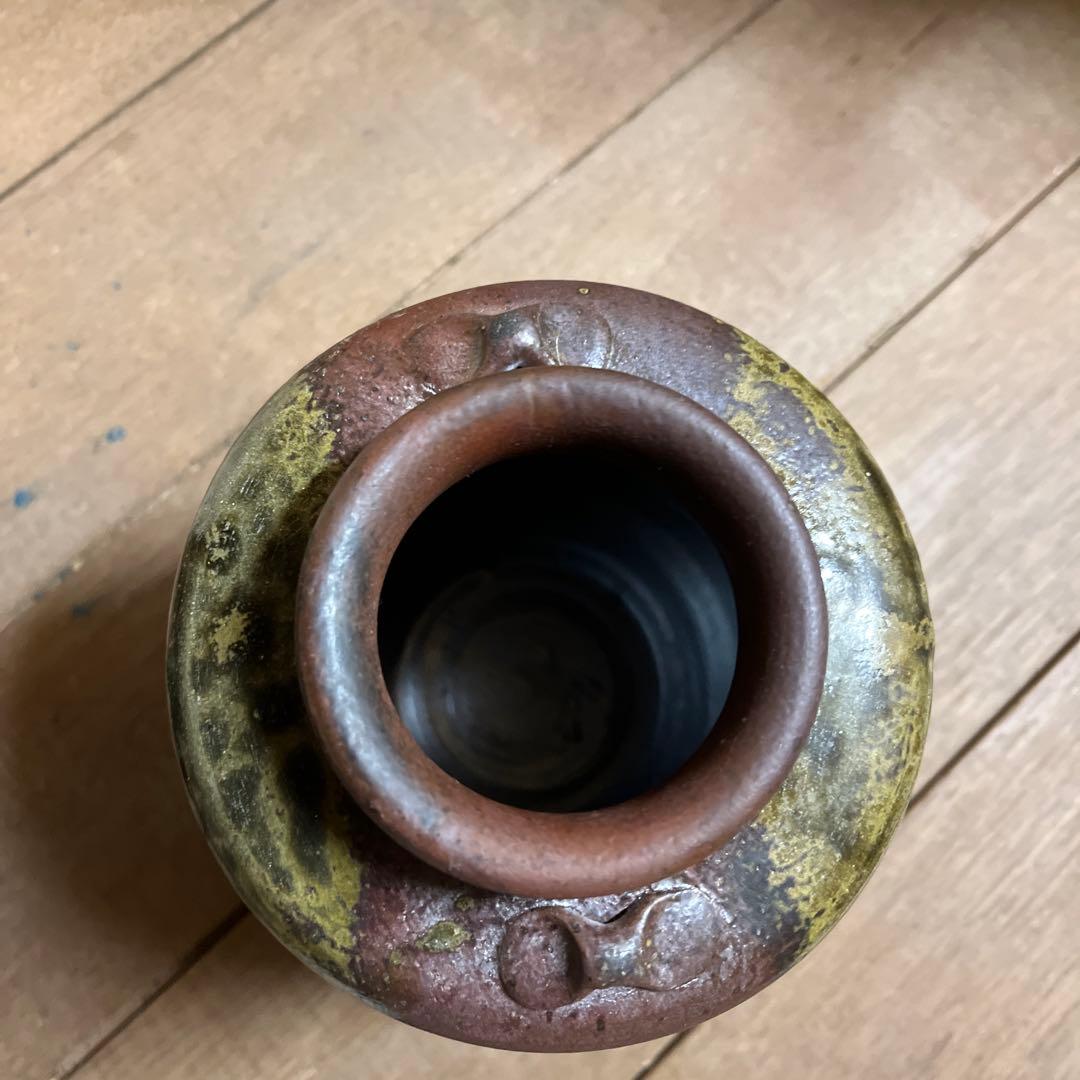 陶器の花瓶 茶色と緑の釉薬 丹波