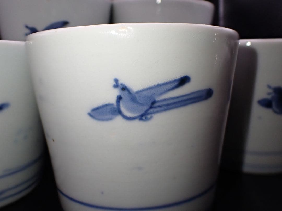 ５客完品⑦　古伊万里　手杓と手水鉢に鳥の図　そば猪口　江戸後期