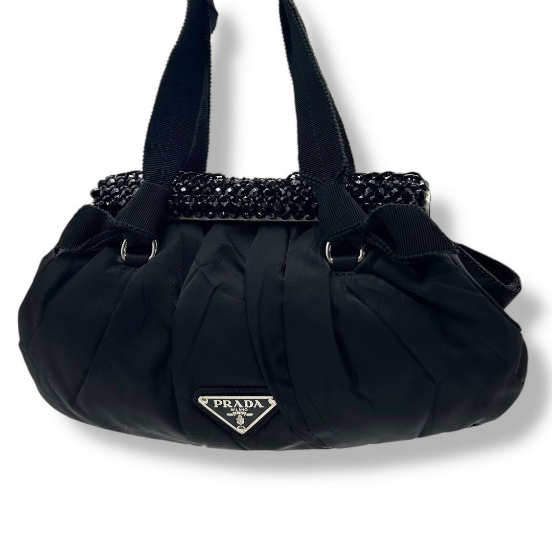 【がま口】プラダ プレート　ビジュー　ブラック　ハンドバッグ BN1146