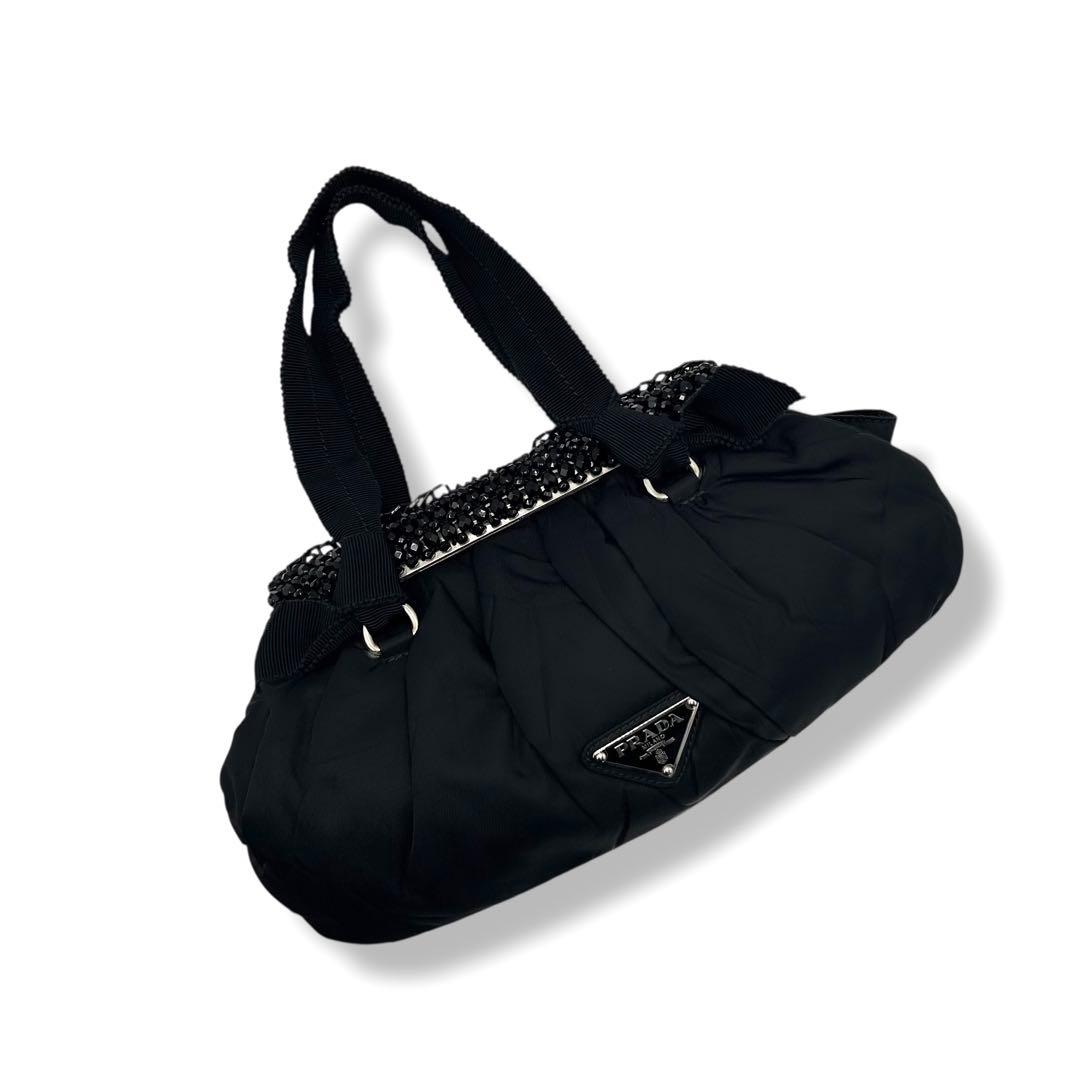 【がま口】プラダ プレート　ビジュー　ブラック　ハンドバッグ BN1146