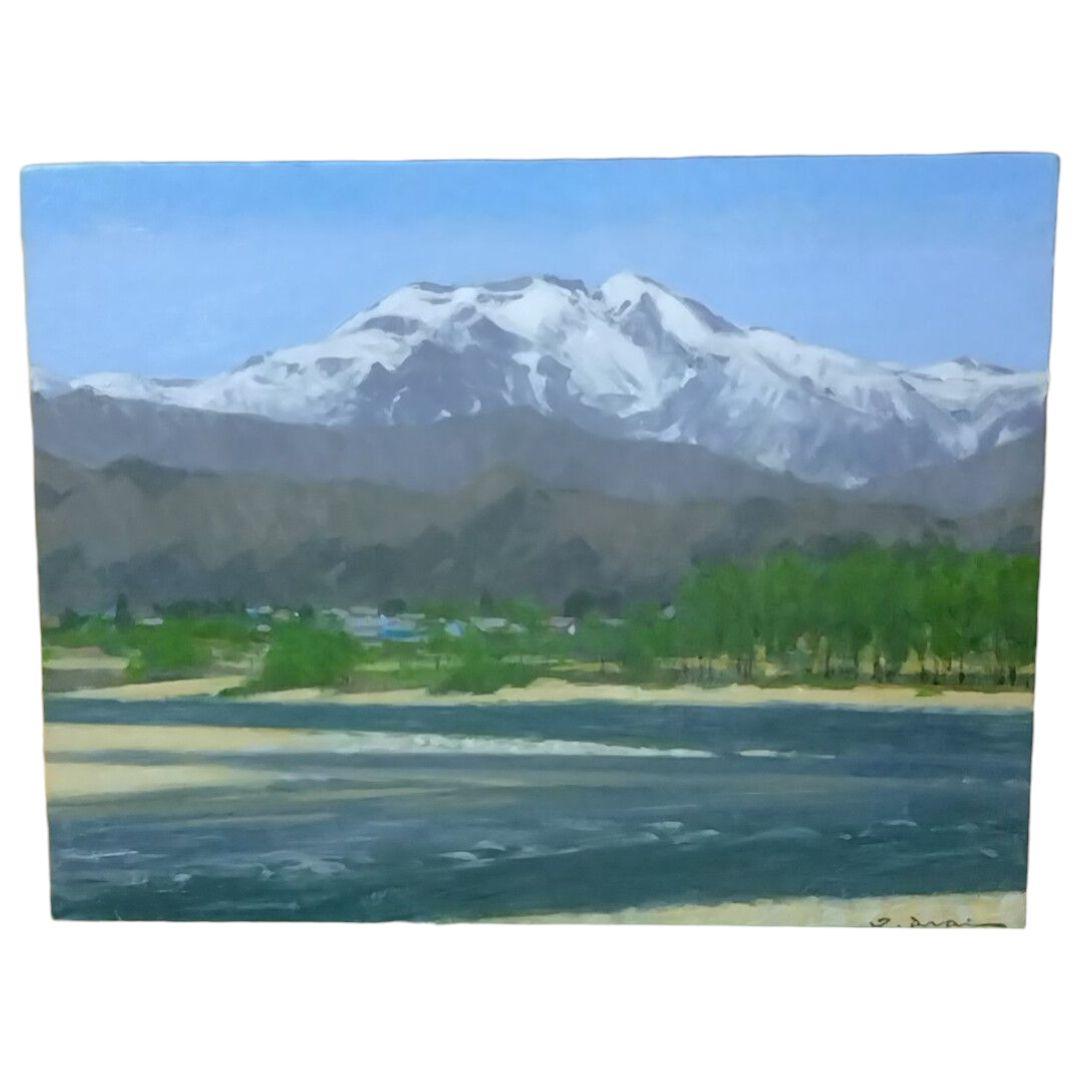 新井隆「川岸に芽吹く」油彩 ６号 風景画 未鑑定 ゴールドフレーム