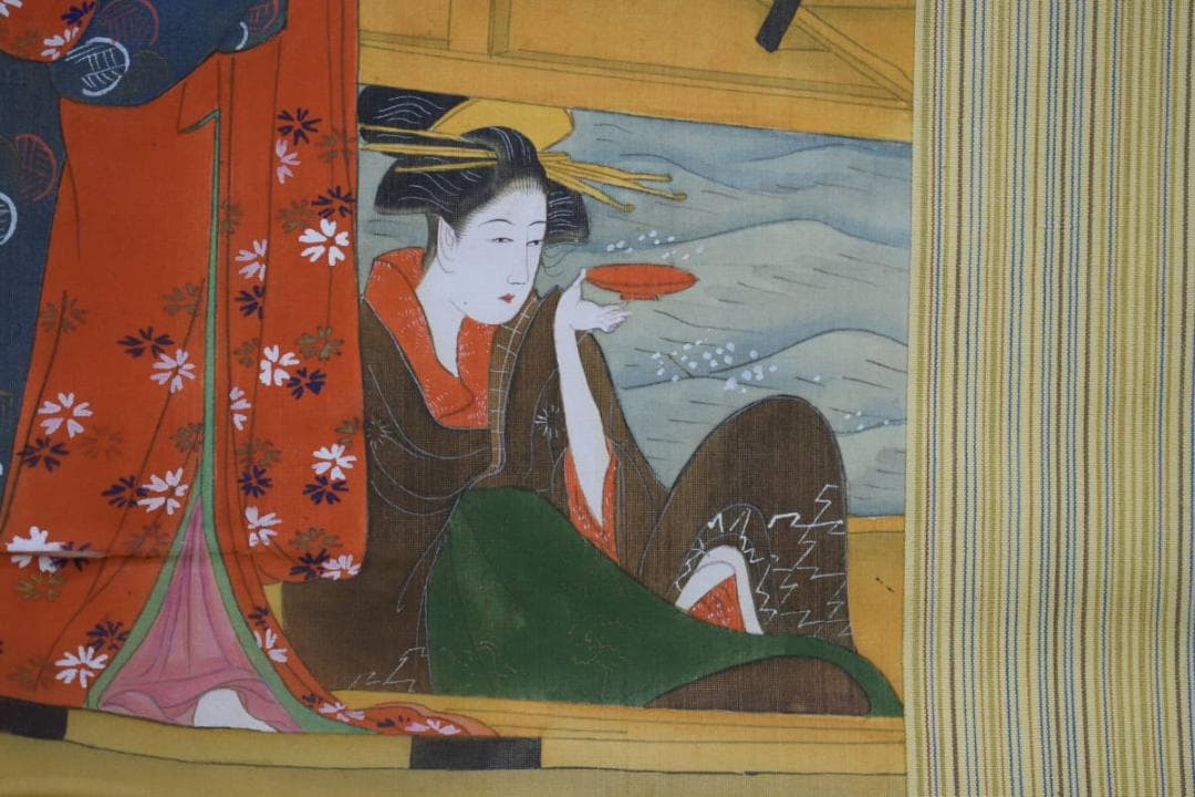 不詳/作者不詳/浮世絵美人画/舟遊図/布袋屋掛軸HH-614