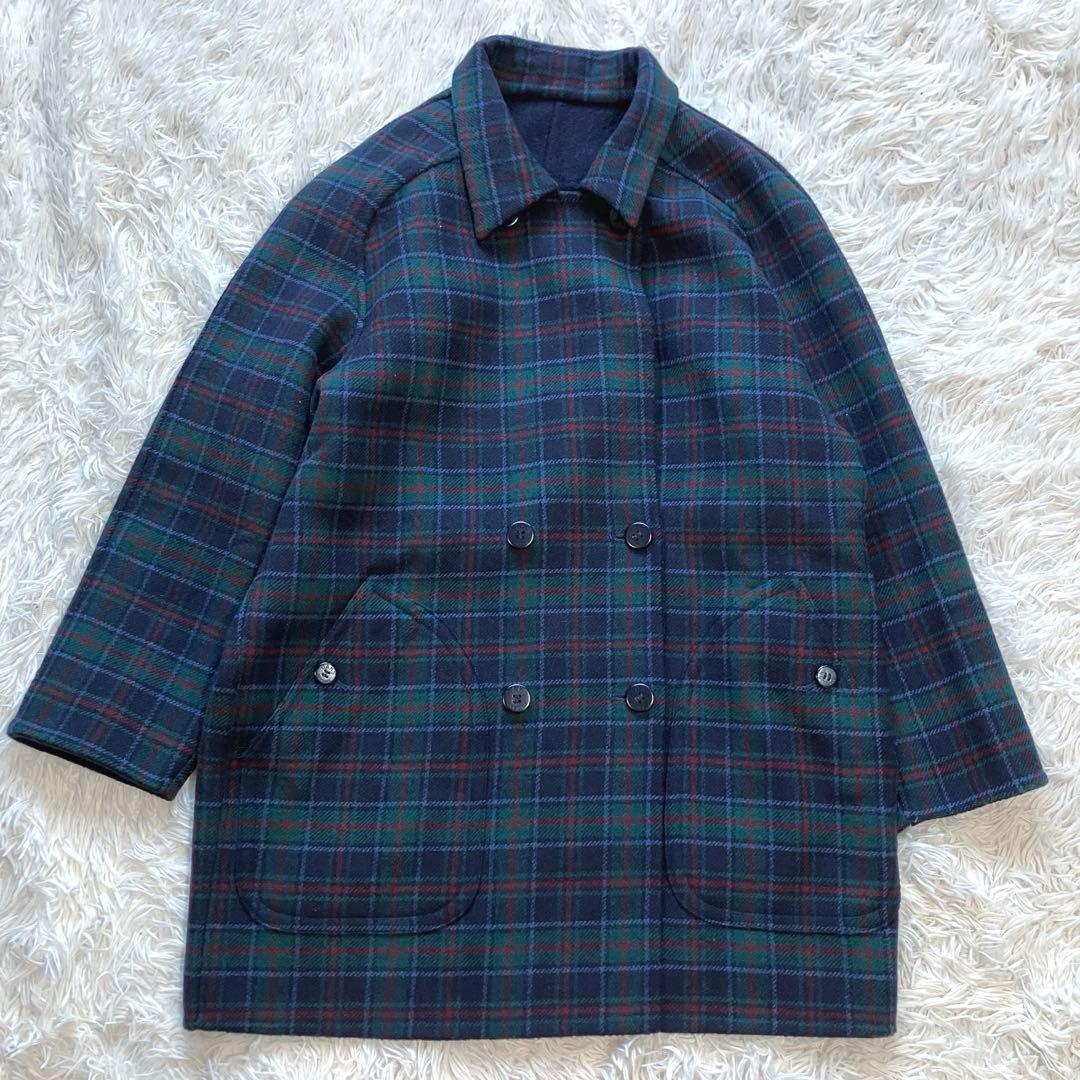 DAKS ダックス リバーシブルコート ダブル チェック ネイビー ミドル丈