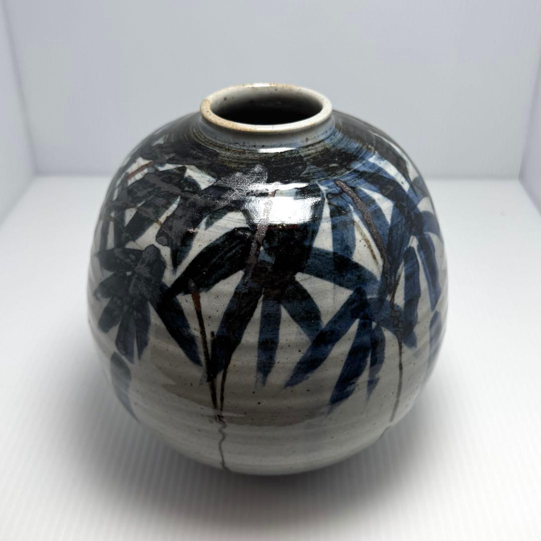 未使用 九谷焼 古青 壺 球形 丸型 円型 置物 伝統工芸