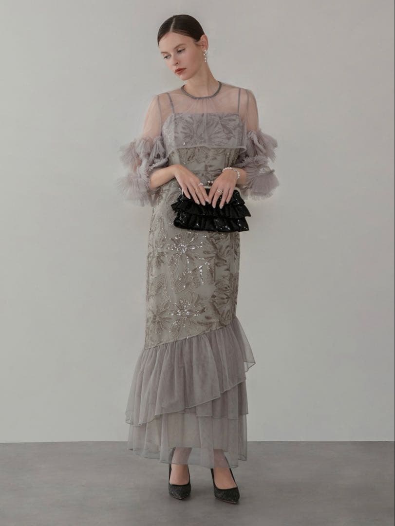 フラワースパンコールチュールフリルスリーブIラインワンピースドレス結婚式二次会