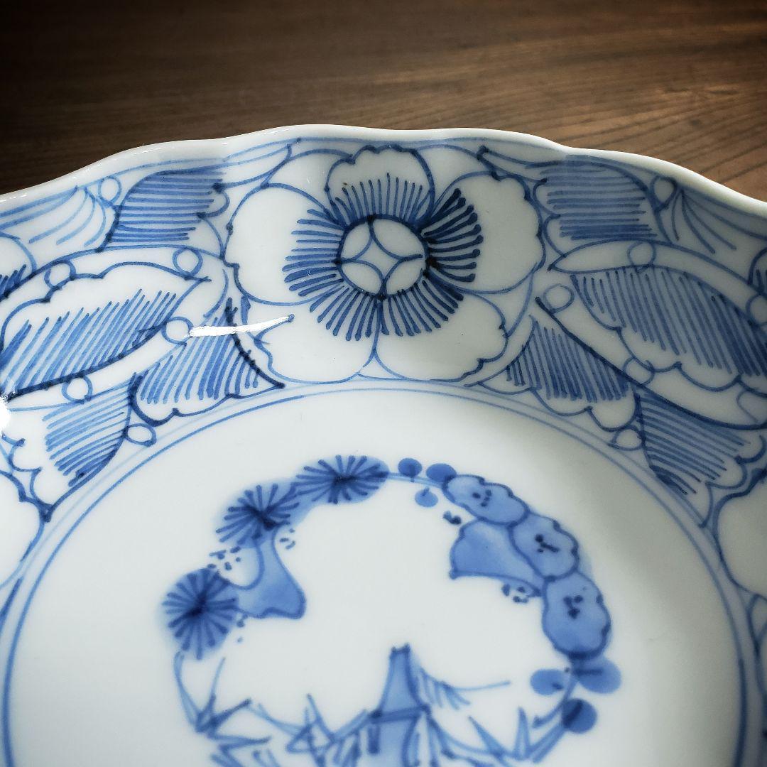 染付 なます皿 江戸 古伊万里 牡丹 松竹梅 窯印 線描 訳あり ニュウ 二枚