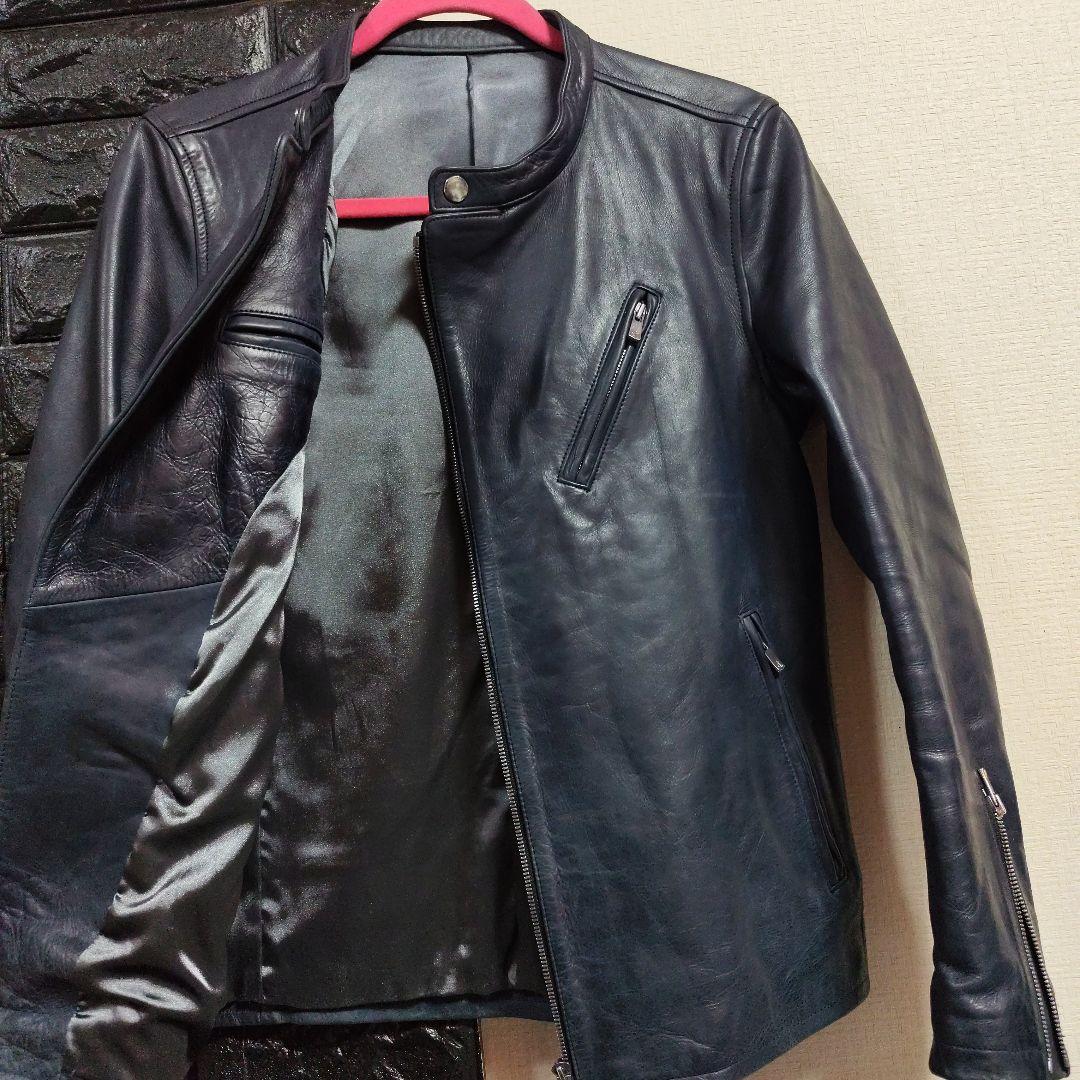 ノーアイディー　希少色ダークブルー本革（牛革）ダブルブレストライダースジャケット