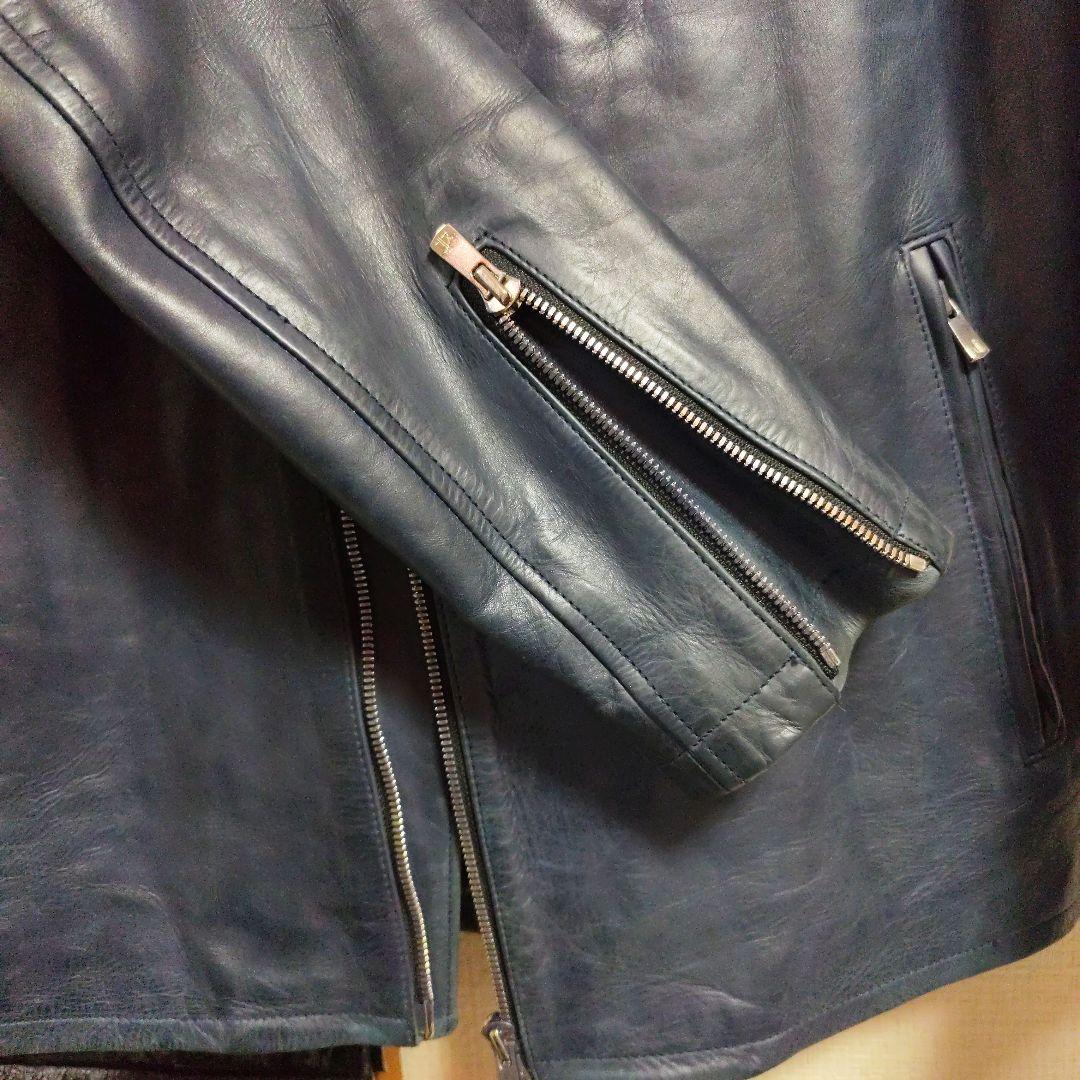 ノーアイディー　希少色ダークブルー本革（牛革）ダブルブレストライダースジャケット