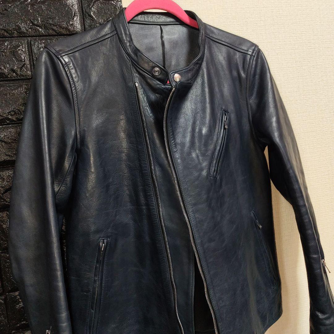 ノーアイディー　希少色ダークブルー本革（牛革）ダブルブレストライダースジャケット