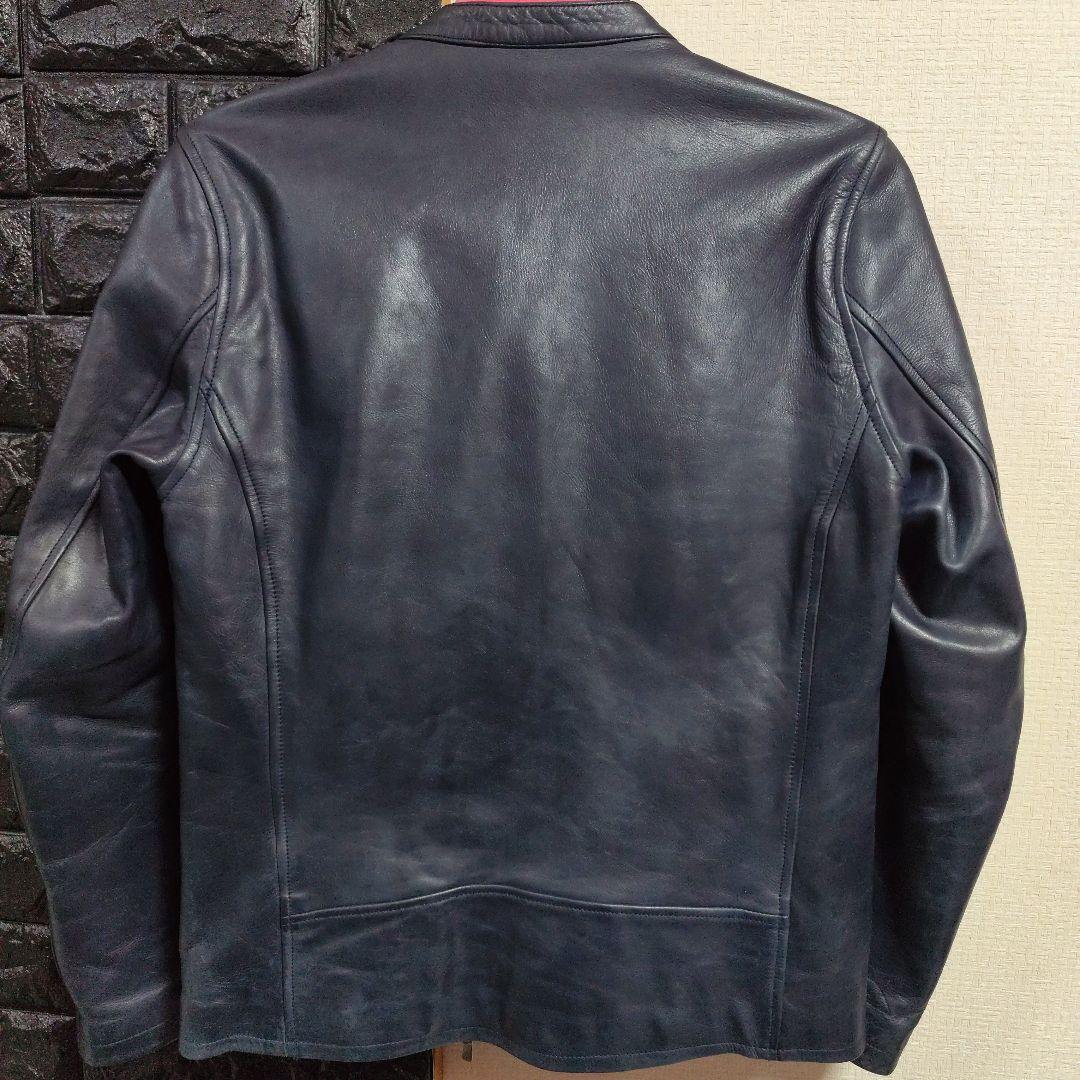 ノーアイディー　希少色ダークブルー本革（牛革）ダブルブレストライダースジャケット