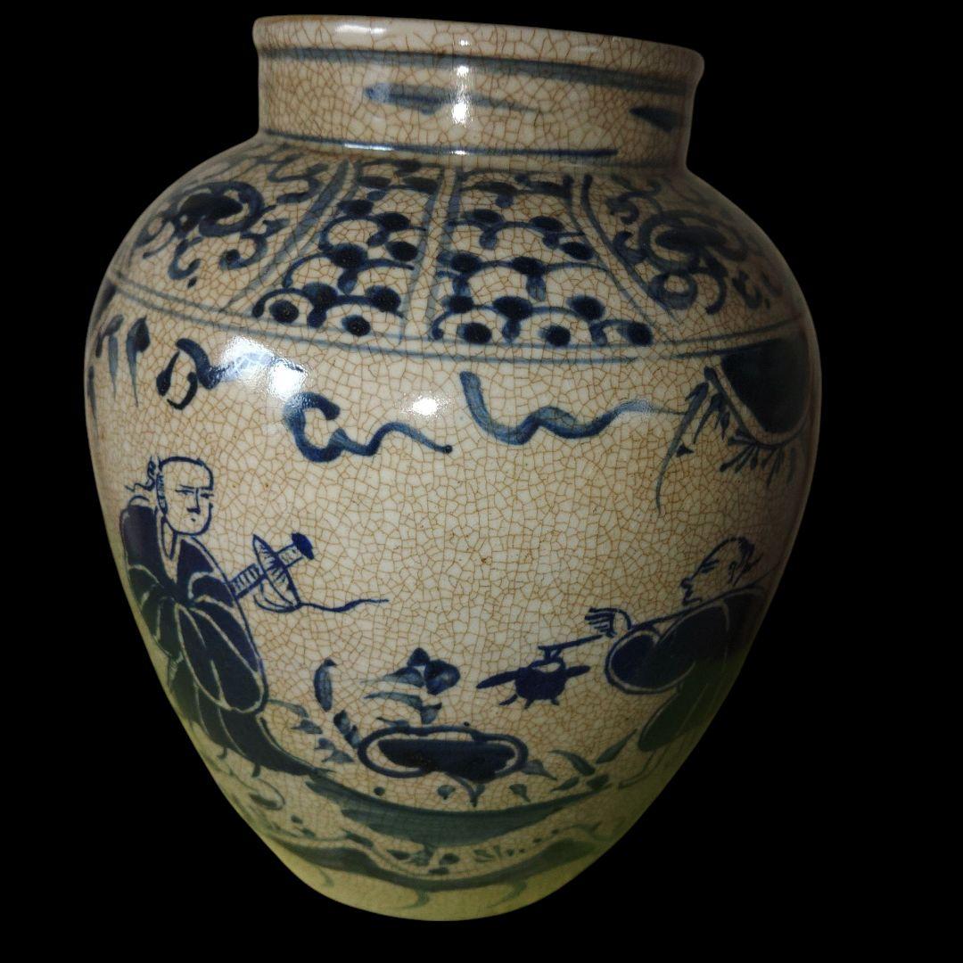 元代　人物画染付壺　花瓶　中国古玩