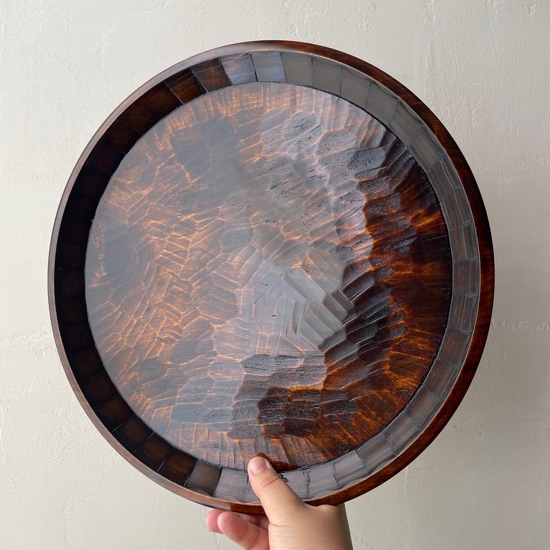 木製　名栗加工　丸盆　大型　古道具風　鑿跡　荒削り　ワイルド　古材風