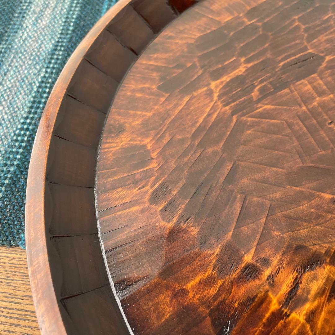 木製　名栗加工　丸盆　大型　古道具風　鑿跡　荒削り　ワイルド　古材風