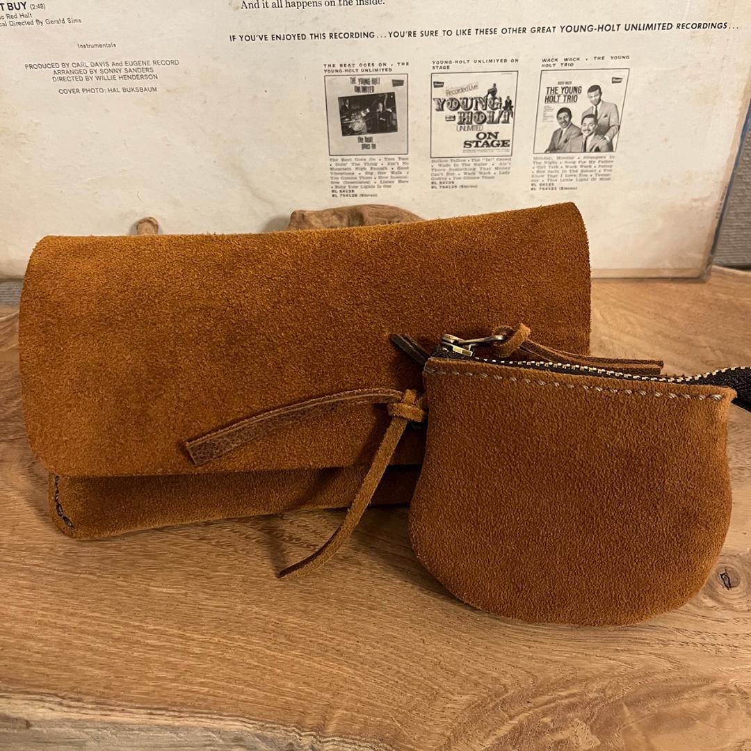 kudu革長財布 スエード ケース付き ２点セット キャメルカラー 一点物