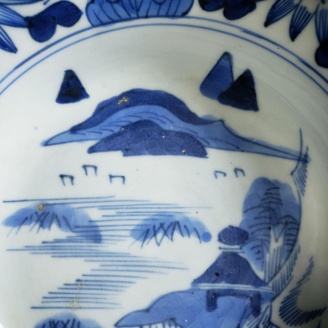 古伊万里　鉢　染付　山水図　草花蝶　唐草　花蝶模様　輪花　江戸　明治