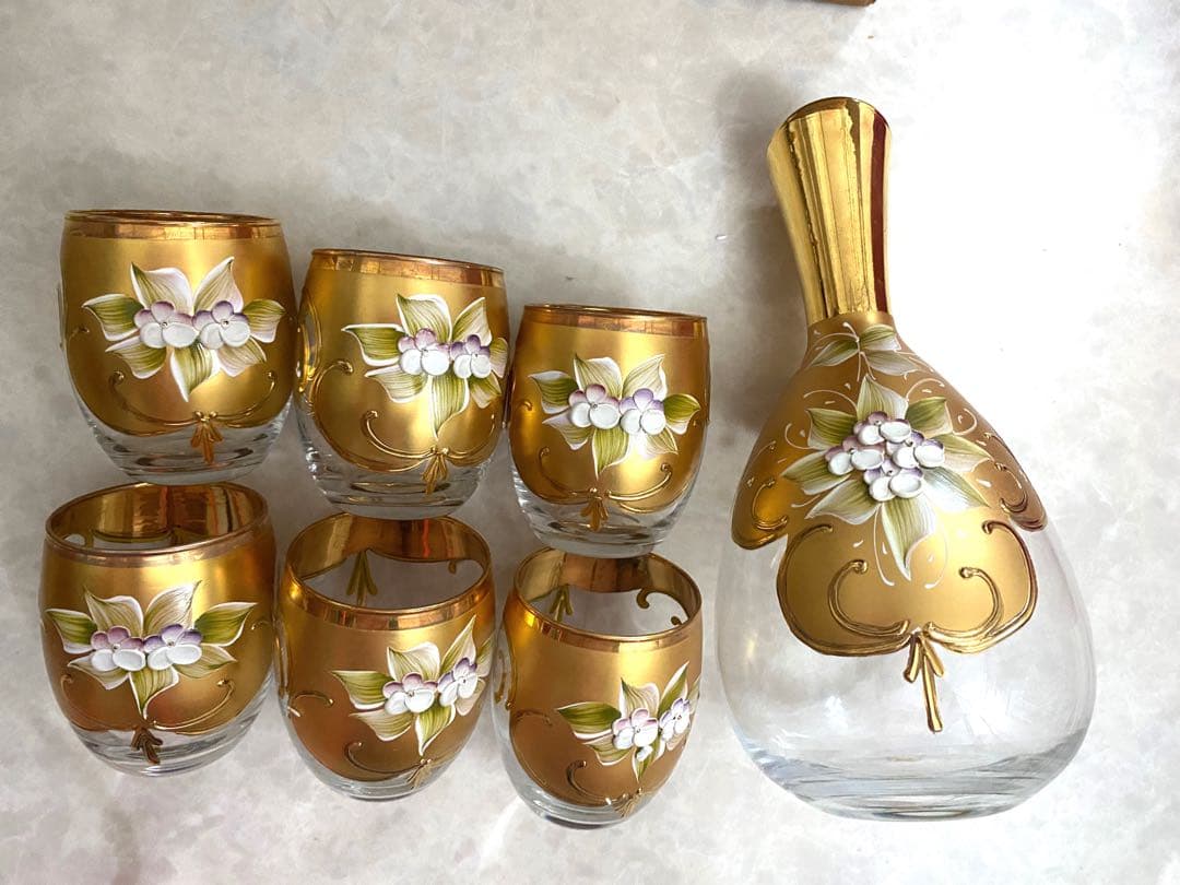 金色花柄ガラスデキャンタ＆グラスセット　ベネチアングラス