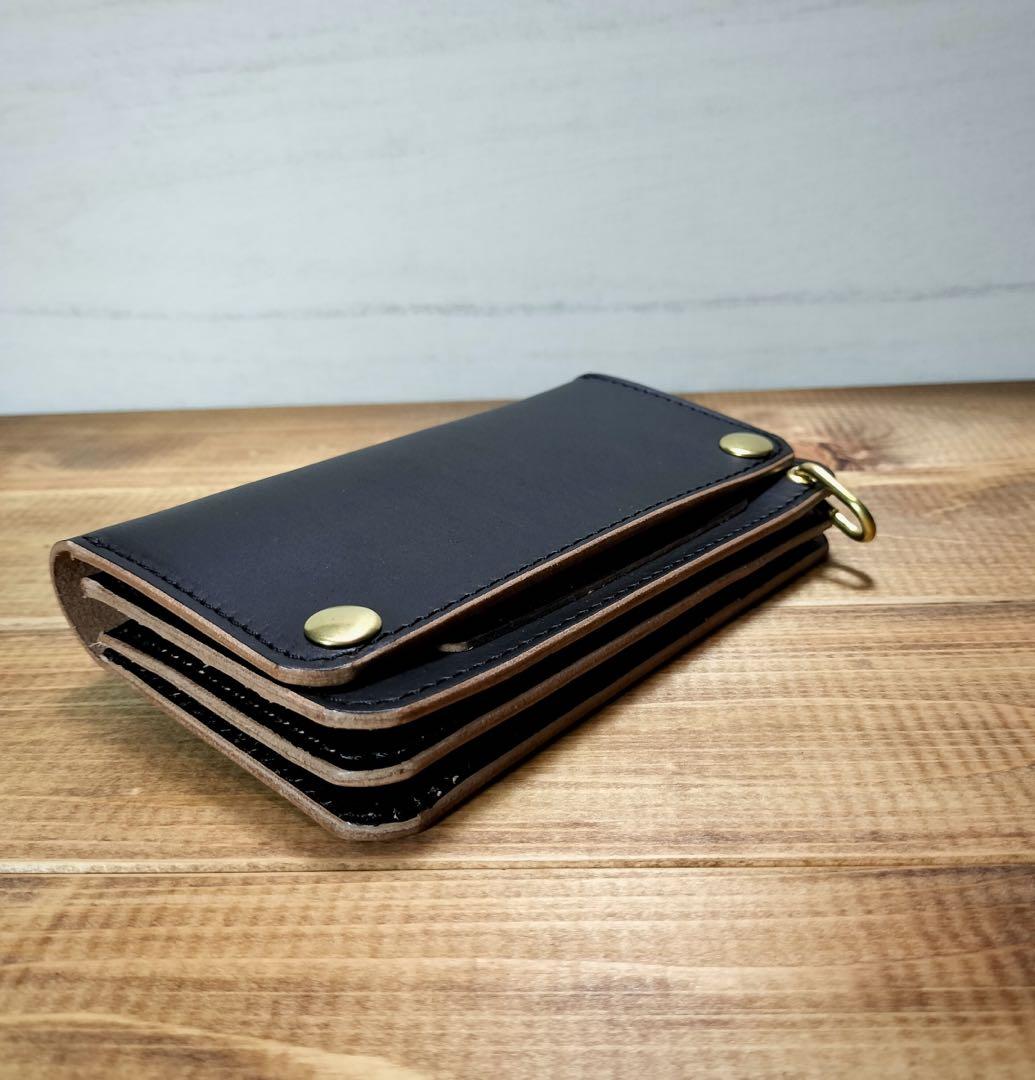 姫路レザー　茶芯黒　札ポケット付きミドルトラッカーウォレット　真鍮　ハンドメイド