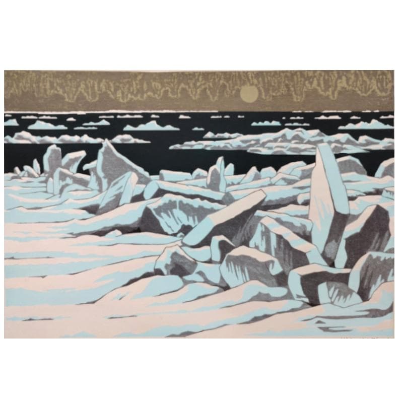 ☆ 大本 靖 ☆「流氷のオホーツク」木版画　小全紙　A.P　未使用額！