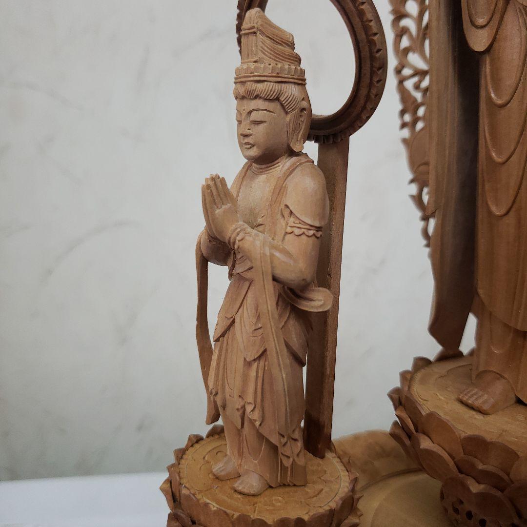 Ｂフライデー後背羅漢彫★総白檀 阿弥陀如来三尊像6寸立 眼入観音菩薩・勢至菩薩付