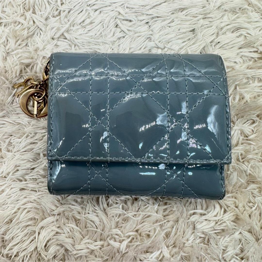 【美品】クリスチャンディオール 三つ折財布 ブルー パテント カナージュ