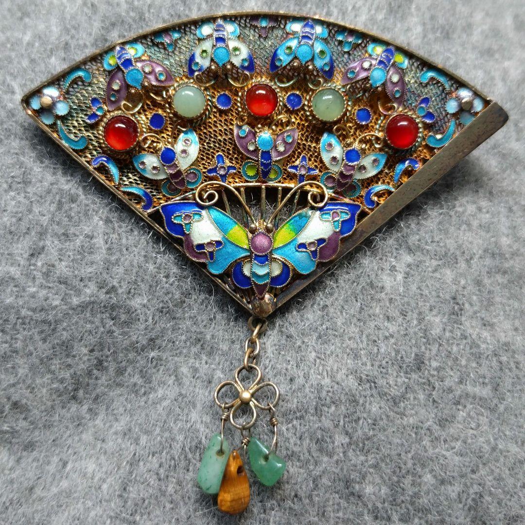 【希少】七宝焼 透かし扇 銀線細工 ブローチ
