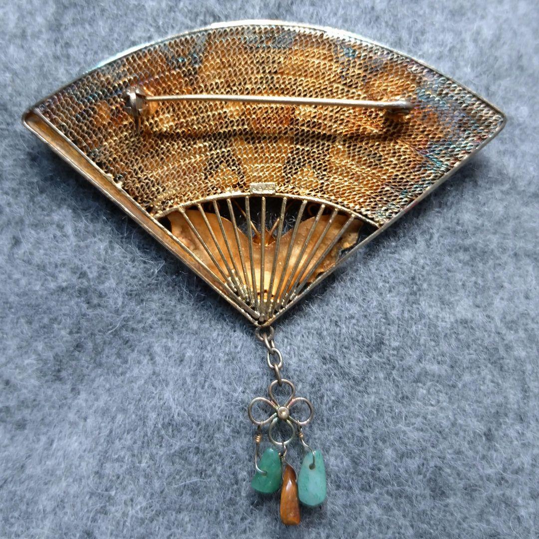 【希少】七宝焼 透かし扇 銀線細工 ブローチ