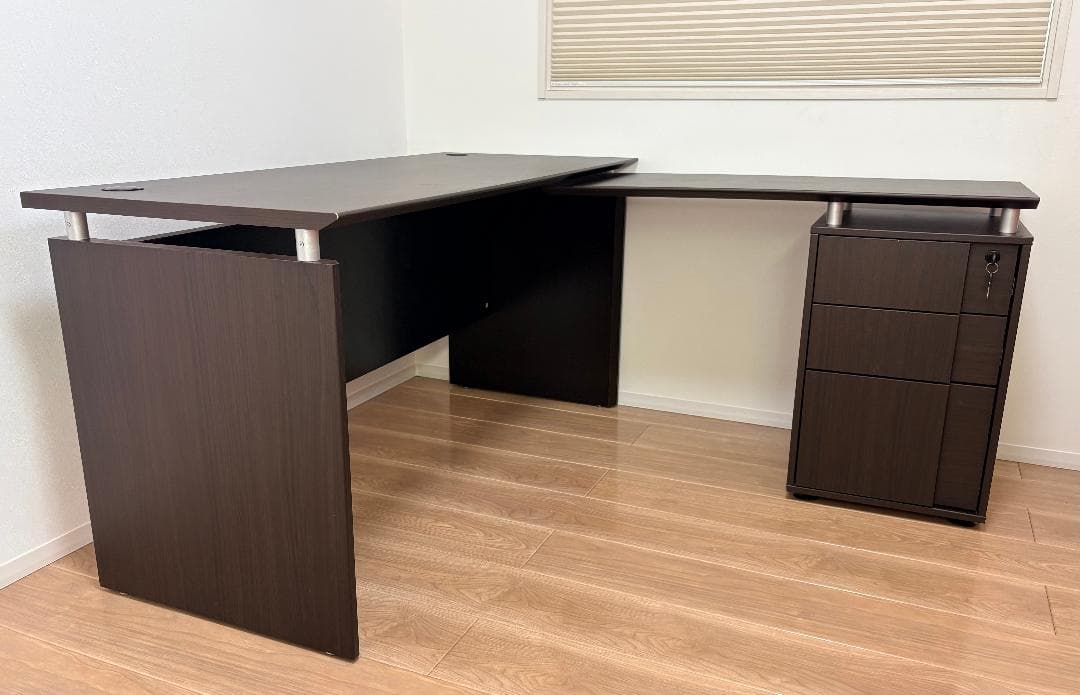 ダークブラウン L字型パソコンデスク 引き出し付き