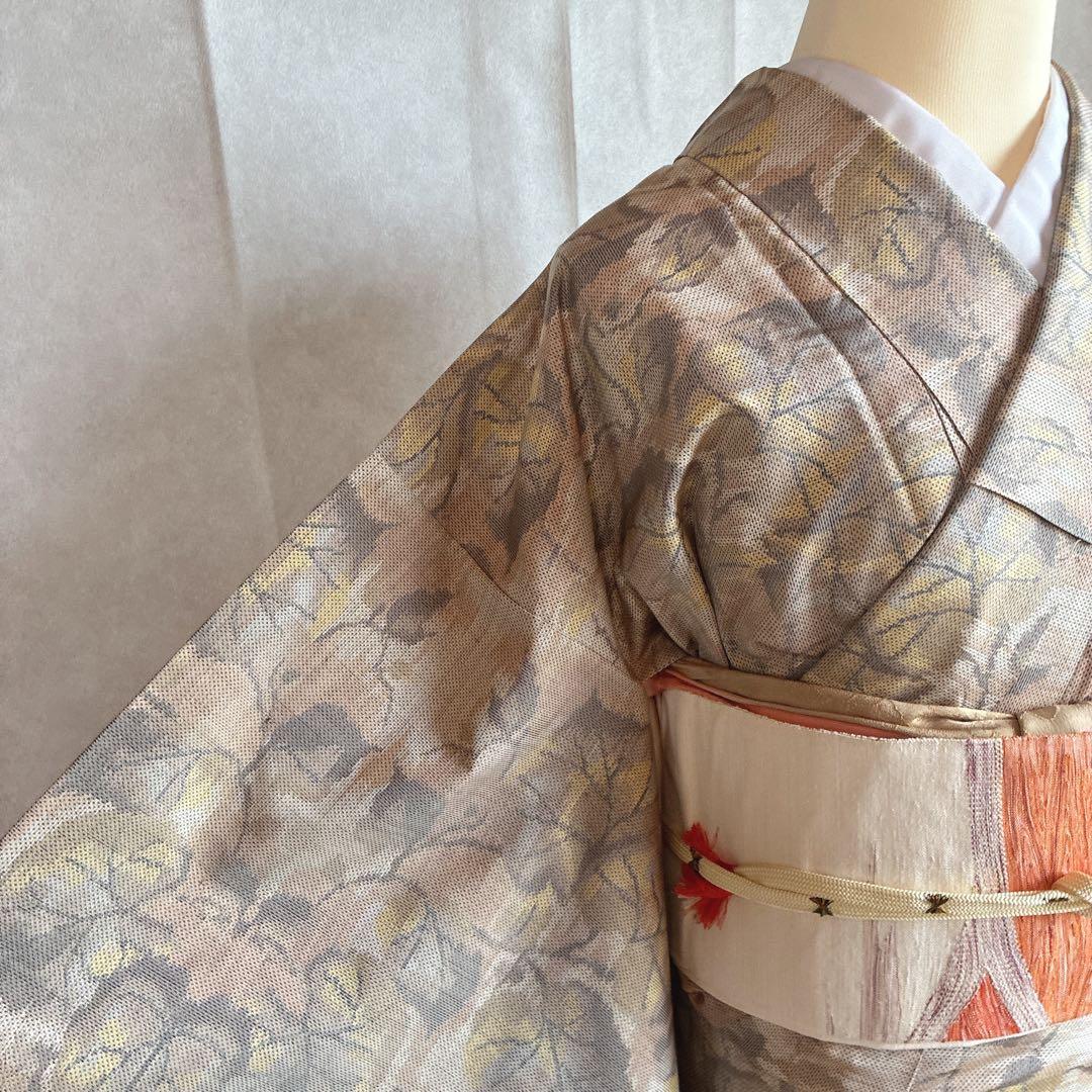 小紋　フルセット　大島紬　着物　正絹　秋の葉　名古屋帯　J5