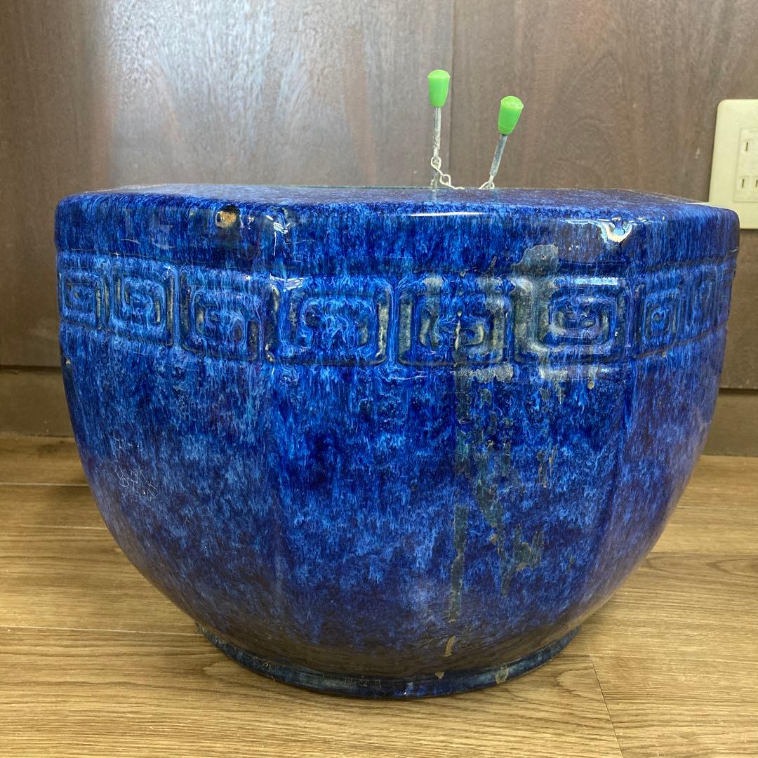 棚下 【希少・美品】大型 火鉢 陶器製 瑠璃釉 浮き彫り文様 メダカ鉢 海鼠釉