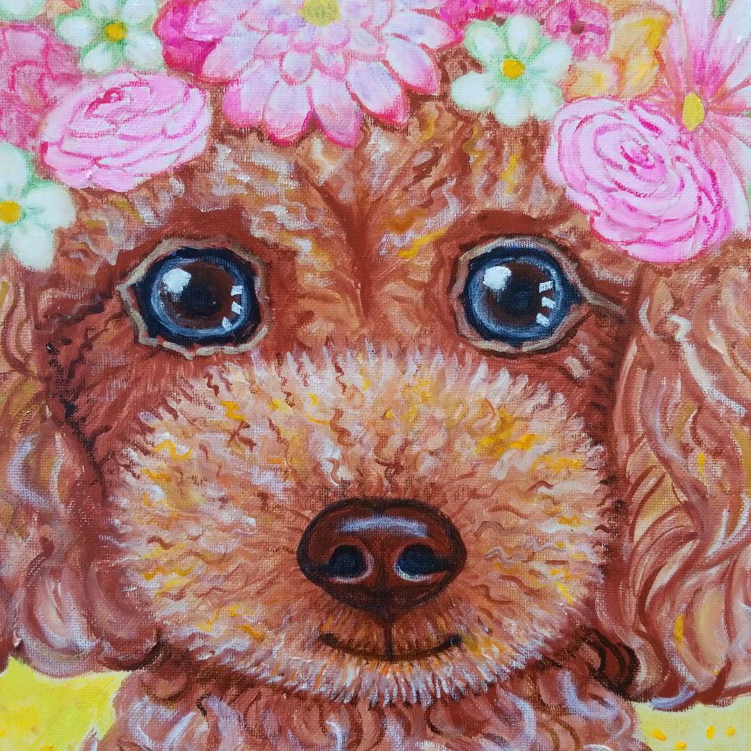 油絵　ちえ　花冠のかわいいトイプードル