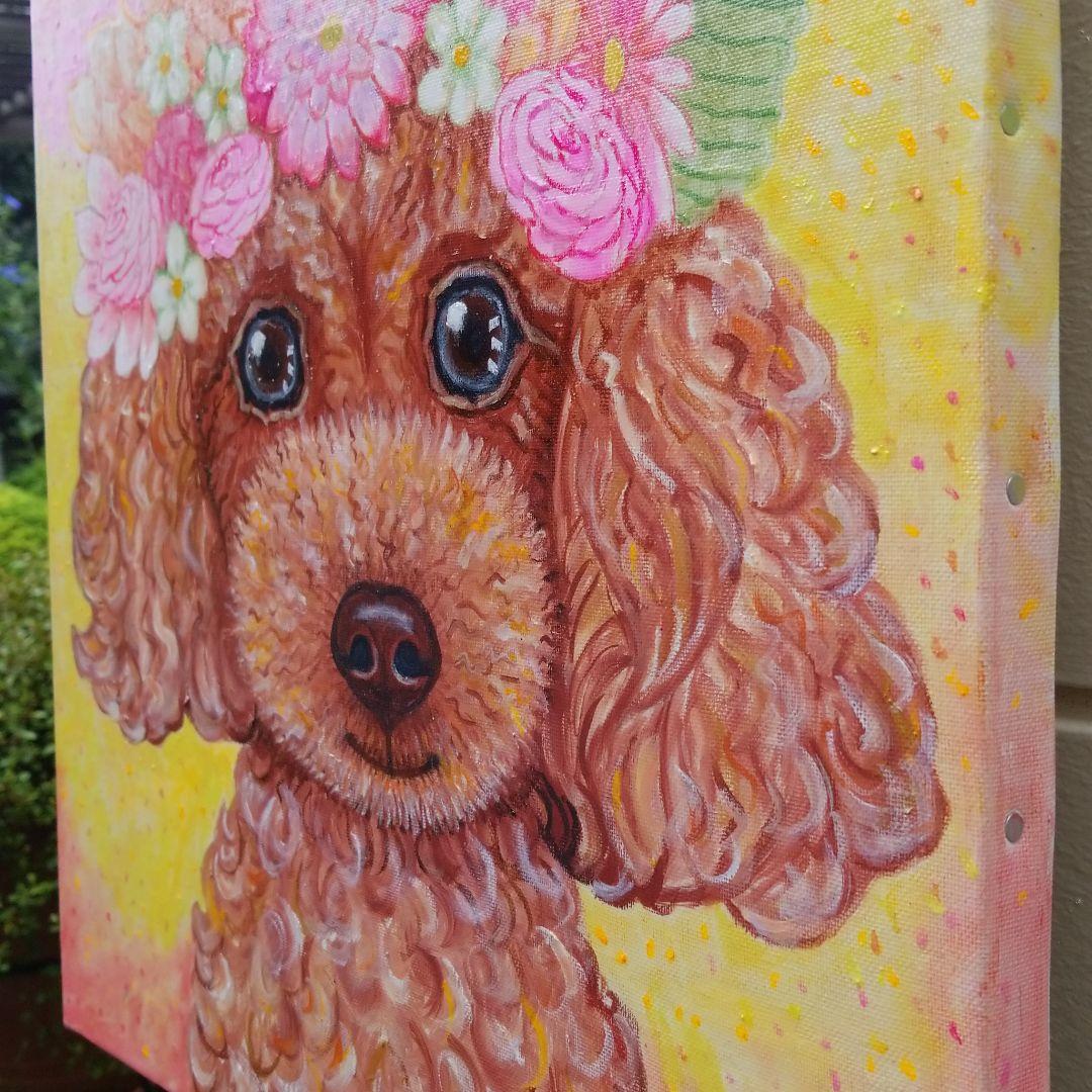 油絵　ちえ　花冠のかわいいトイプードル