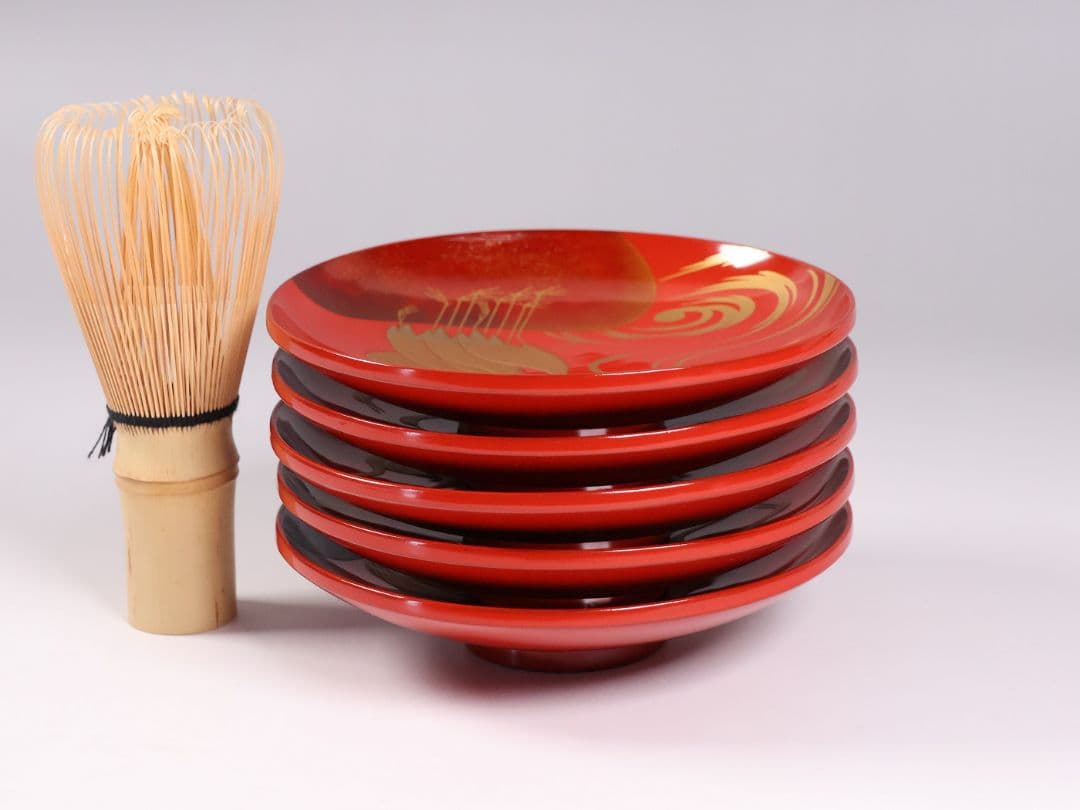 【CM373】時代木製漆器 光琳写 金蒔絵 群鶴図 朱塗 引盃 五客 小皿 杯