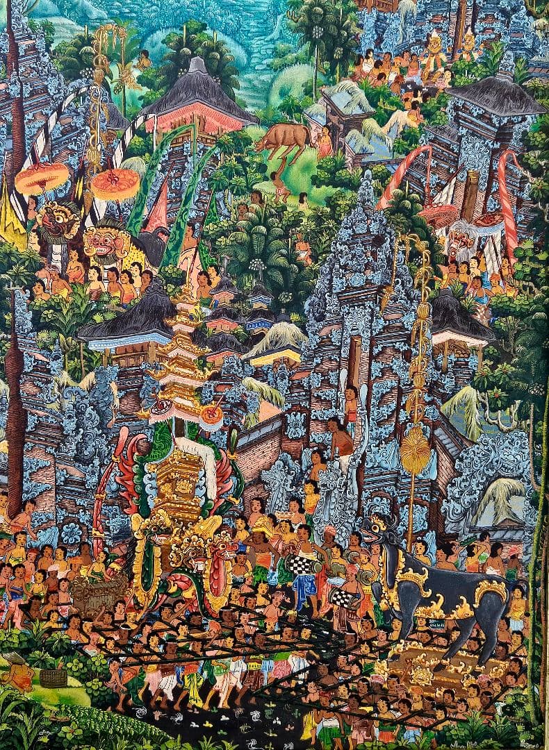 バリの風景 油彩画 PADE KETUT BONGKASO　 寺院お祭り図　額装