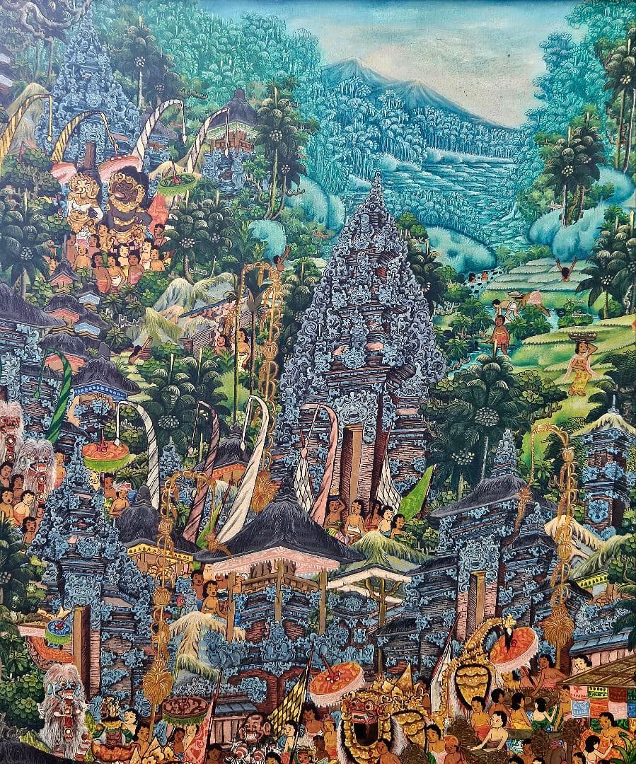 バリの風景 油彩画 PADE KETUT BONGKASO　 寺院お祭り図　額装