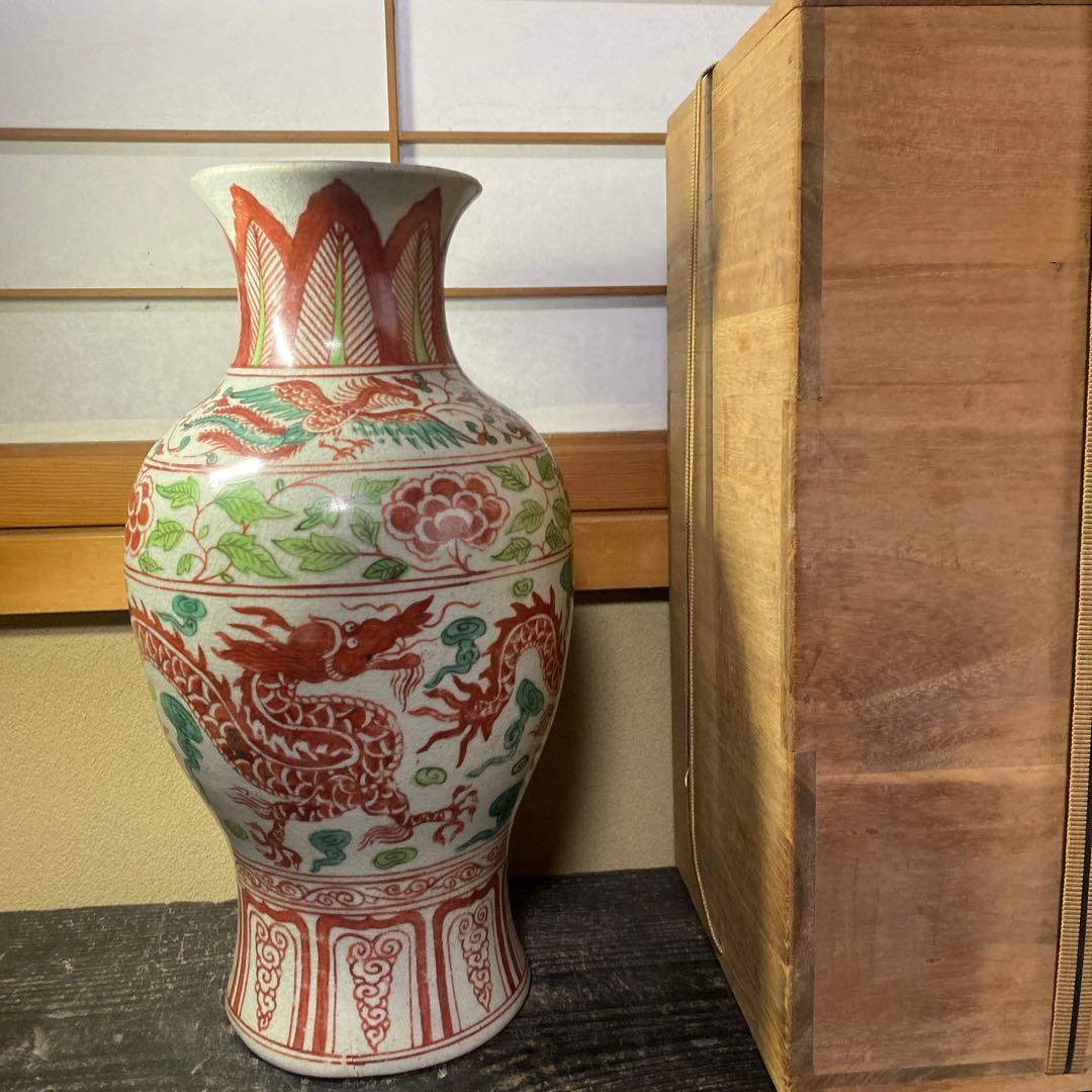 中国古玩　色絵鳳凰龍図花瓶【桐箱付】