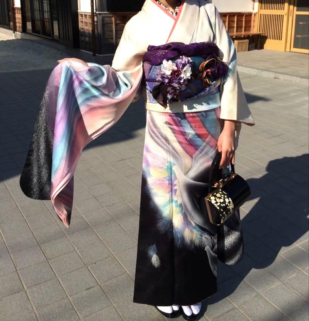 【成人式 振袖 フルセット】正絹 孔雀 秋山庄太郎デザイン